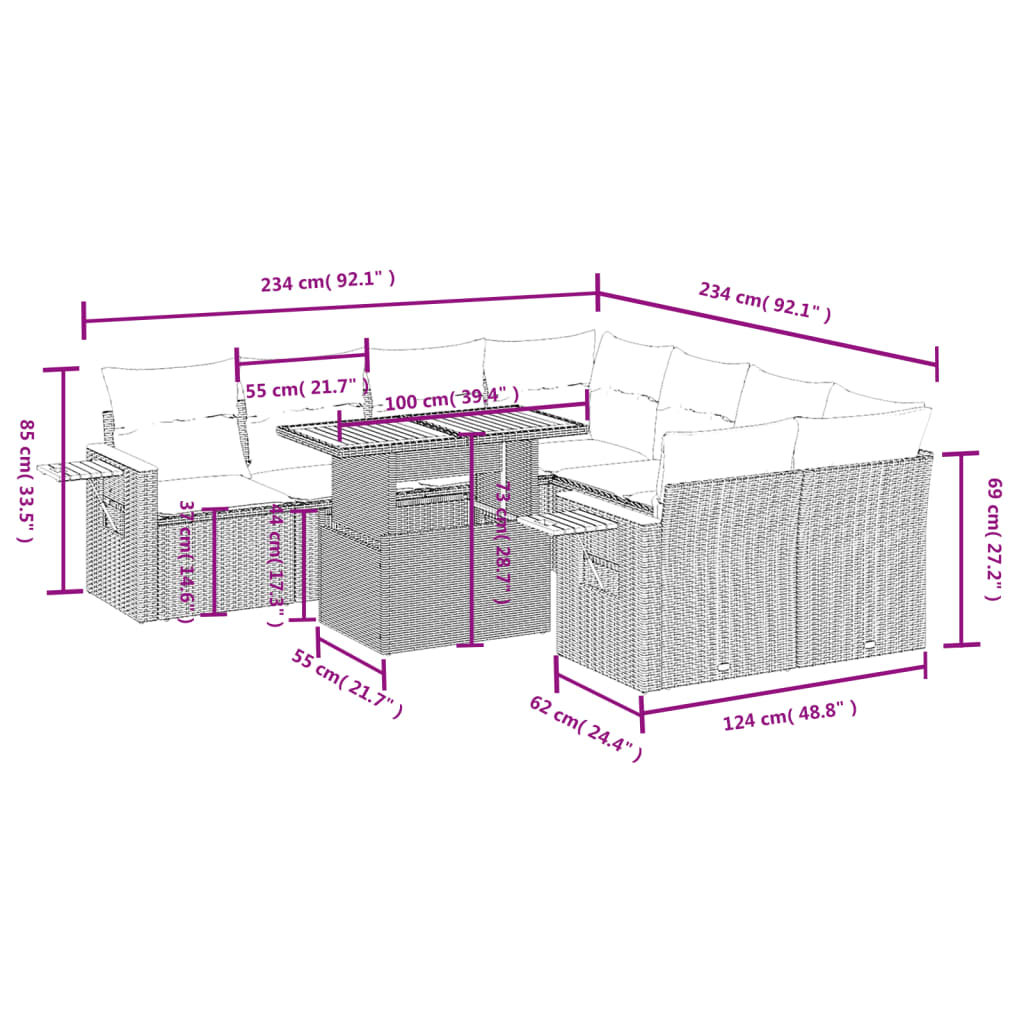 8 pcs conjunto sofás de jardim c/ almofadões vime PE cinzento