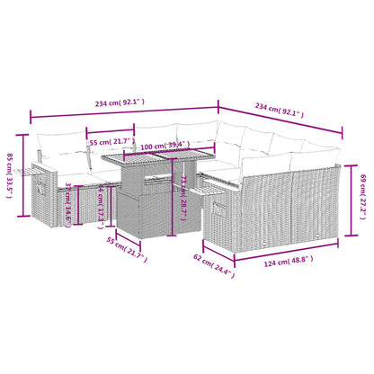 8 pcs conjunto sofás de jardim c/ almofadões vime PE cinzento