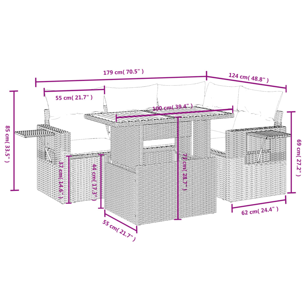 5 pcs conjunto de sofás p/ jardim com almofadões vime PE bege