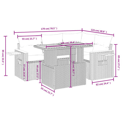 5 pcs conjunto sofás de jardim c/ almofadões vime PE cinzento