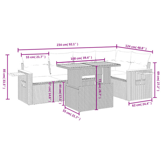 6 pcs conjunto sofás de jardim c/ almofadões vime PE preto