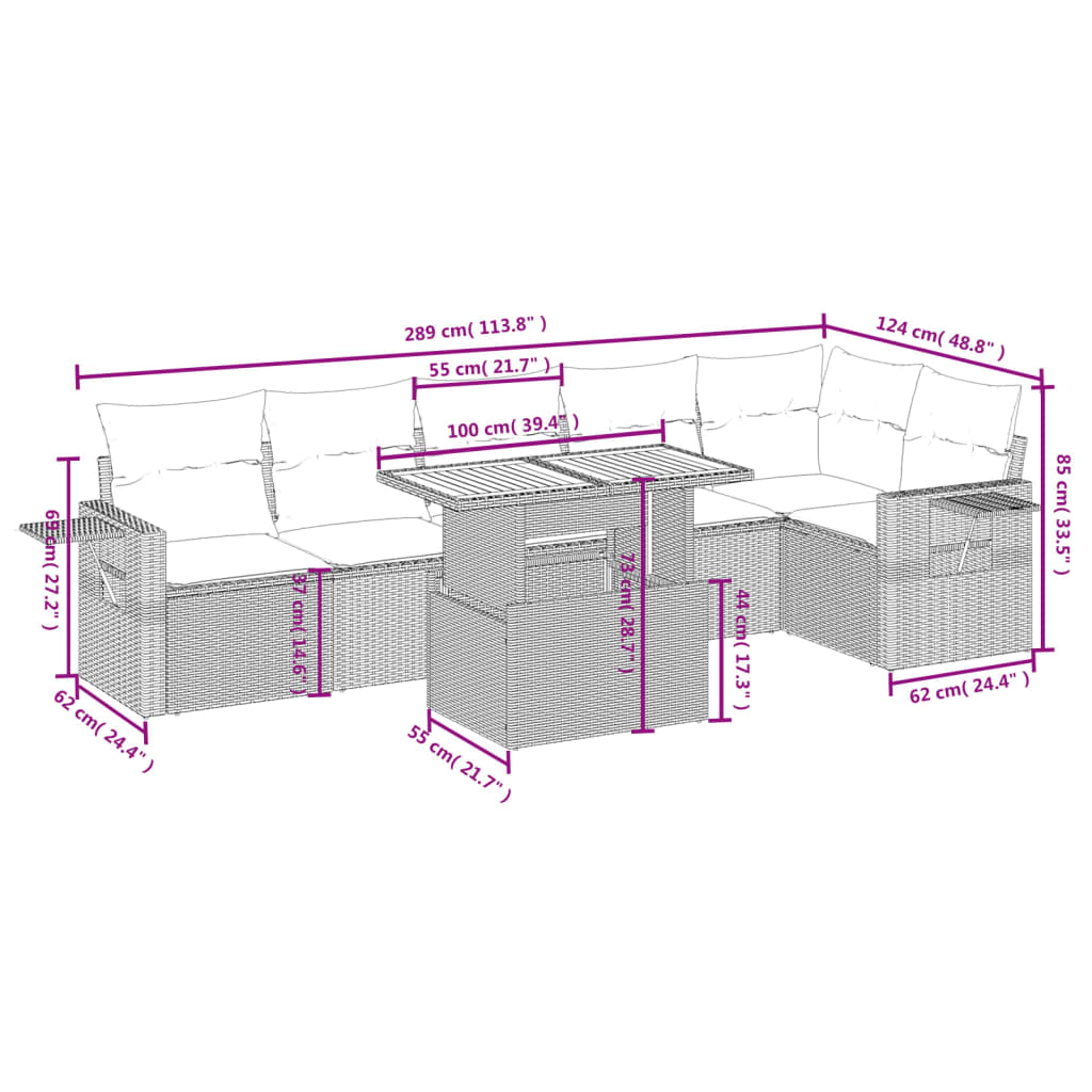 7 pcs conjunto de sofás p/ jardim c/ almofadões vime PE preto