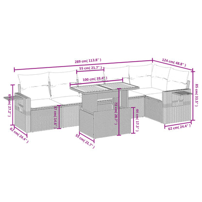 7 pcs conjunto de sofás p/ jardim c/ almofadões vime PE preto