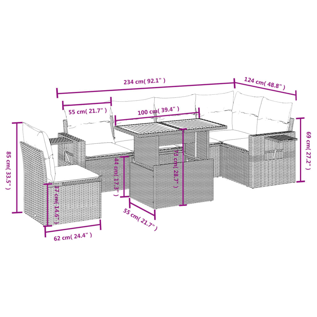 7 pcs conjunto sofás p/ jardim c/ almofadões vime PE cinzento