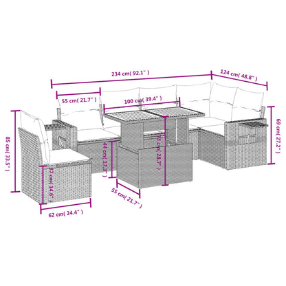 7 pcs conjunto sofás p/ jardim c/ almofadões vime PE cinzento