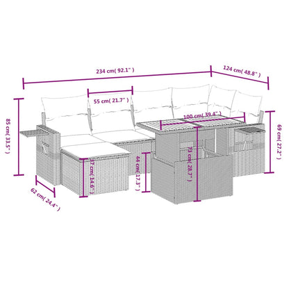 7 pcs conjunto de sofás p/ jardim com almofadões vime PE bege