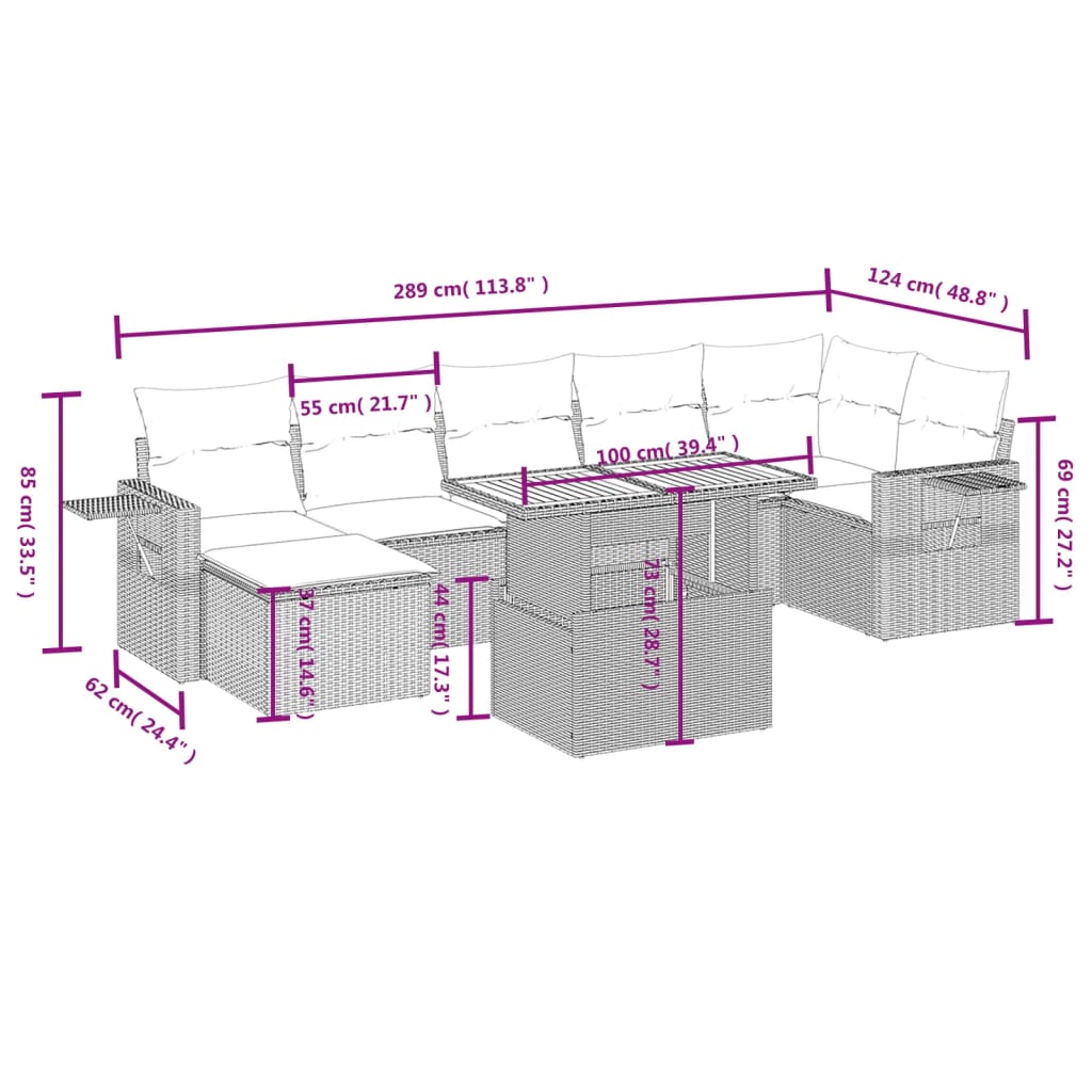 8 pcs conjunto sofás de jardim c/ almofadões vime PE cinzento