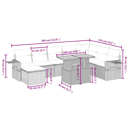 9 pcs conjunto sofás p/ jardim com almofadões vime PE cinzento