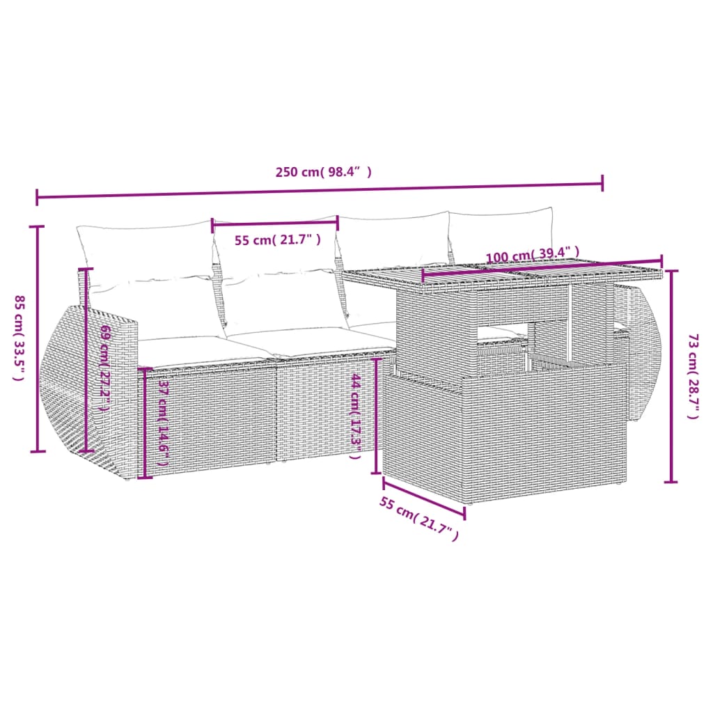 5 pcs conjunto sofás de jardim com almofadões vime PE preto