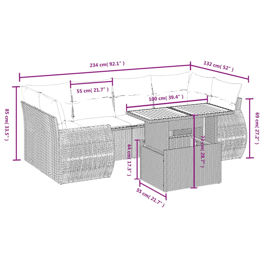 7 pcs conjunto de sofás p/ jardim c/ almofadões vime PE preto