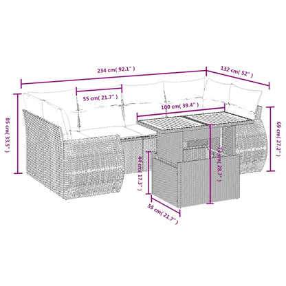 7 pcs conjunto de sofás p/ jardim com almofadões vime PE bege