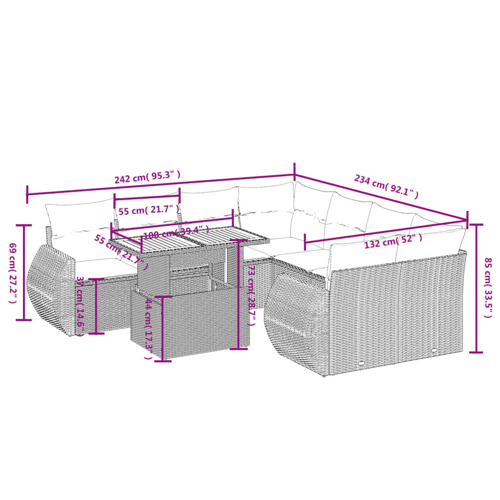 9 pcs conjunto de sofás p/ jardim com almofadões vime PE bege