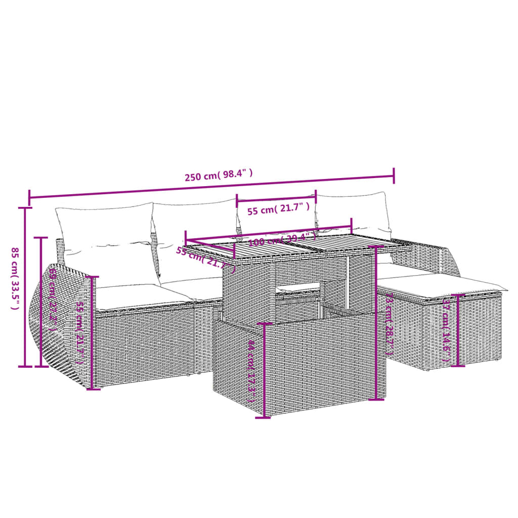 6 pcs conjunto sofás de jardim c/ almofadões vime PE preto