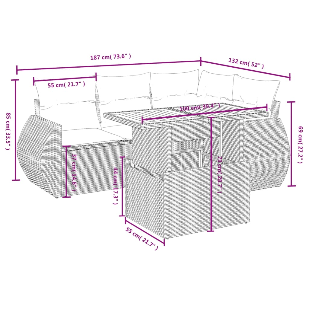 5 pcs conjunto sofás de jardim c/ almofadões vime PE cinzento