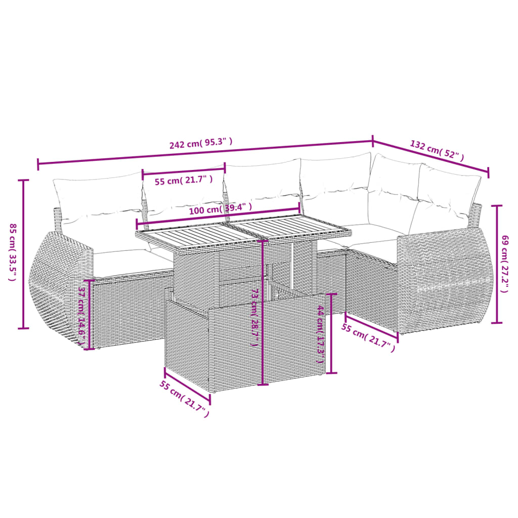 6 pcs conjunto de sofás p/ jardim com almofadões vime PE bege