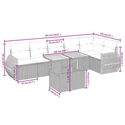 7 pcs conjunto de sofás p/ jardim com almofadões vime PE bege