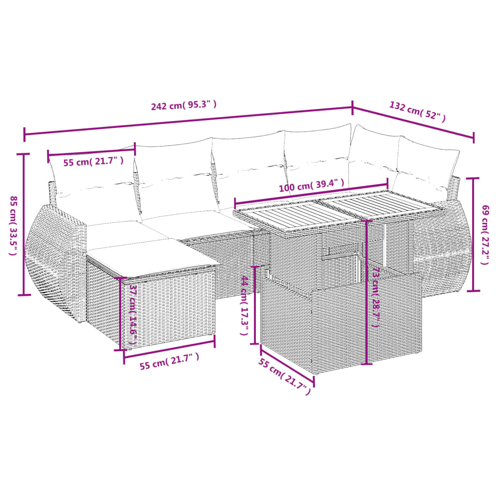 6 pcs conjunto sofás de jardim c/ almofadões vime PE preto