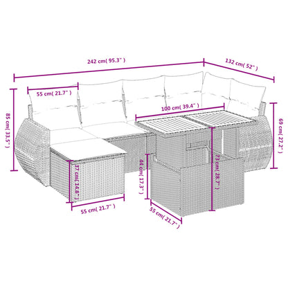 7 pcs conjunto sofás p/ jardim c/ almofadões vime PE cinzento