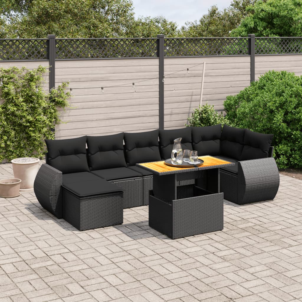 8 pcs conjunto sofás de jardim com almofadões vime PE preto