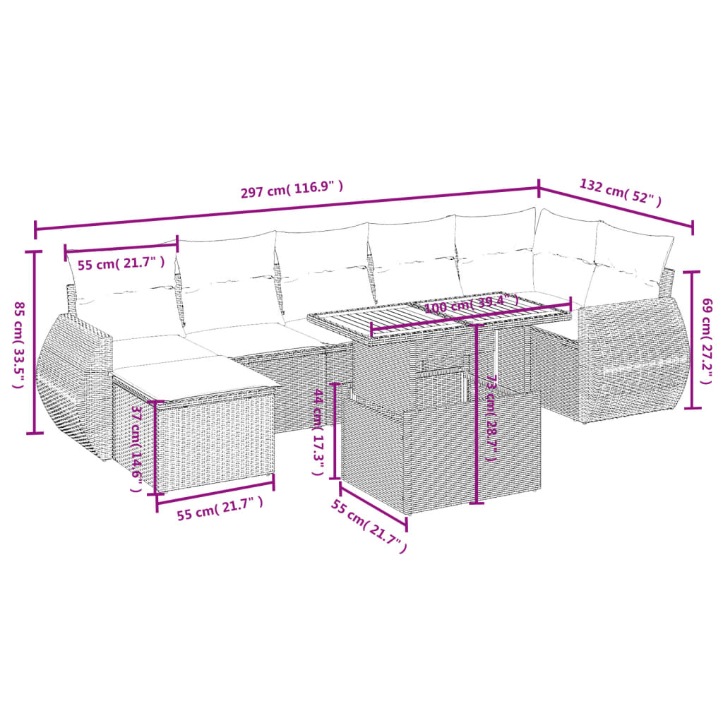 8 pcs conjunto sofás de jardim com almofadões vime PE preto