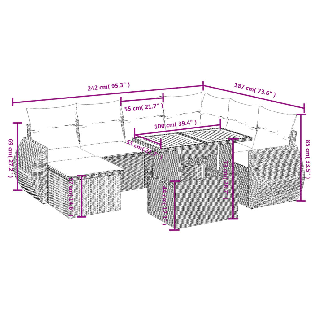 8 pcs conjunto sofás de jardim com almofadões vime PE preto