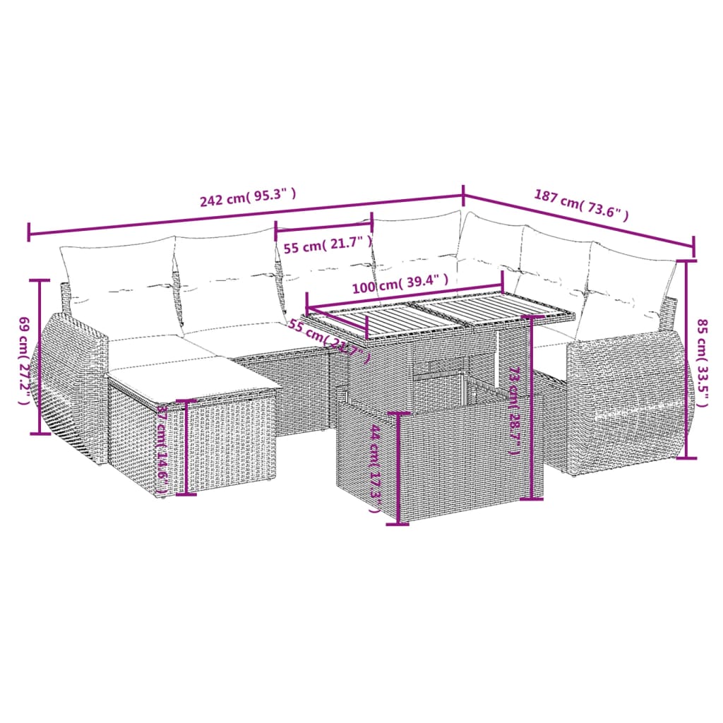 8 pcs conjunto de sofás p/ jardim com almofadões vime PE bege