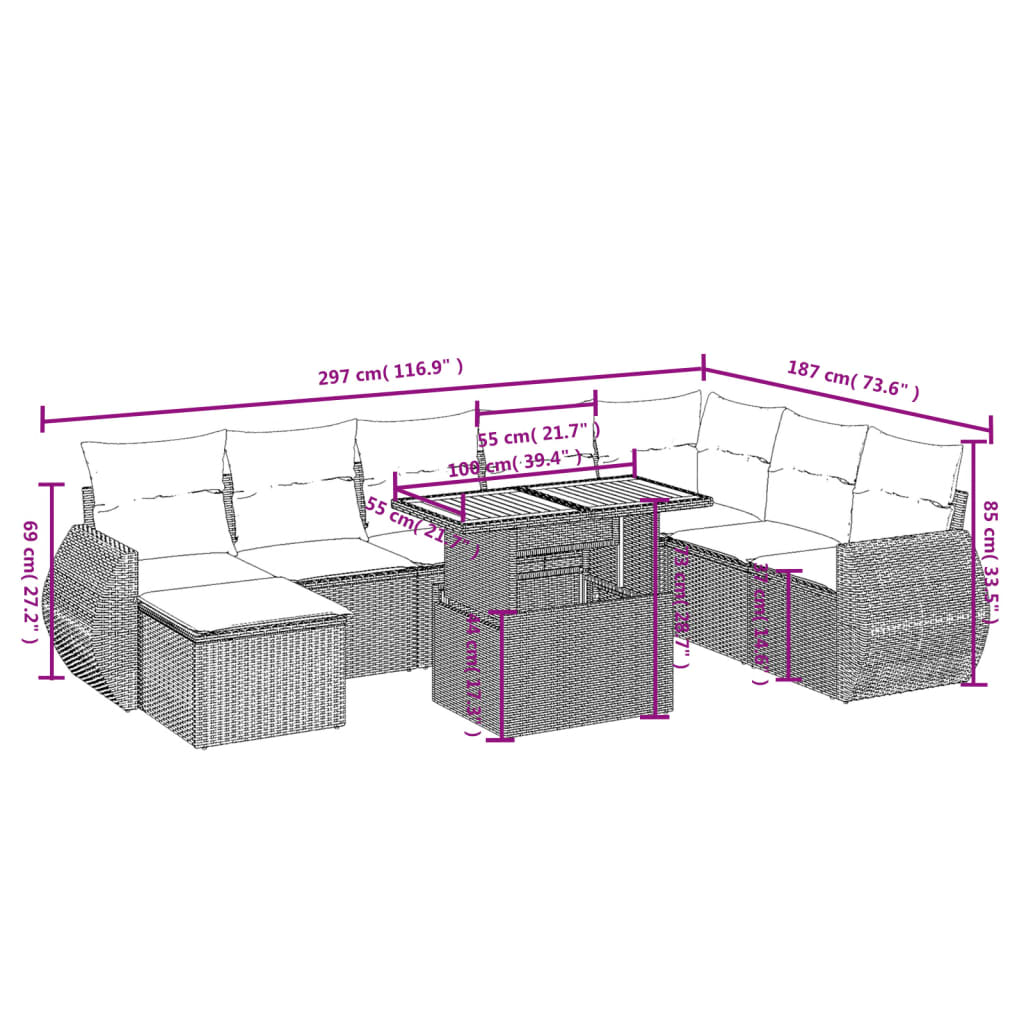 9 pcs conjunto de sofás p/ jardim c/ almofadões vime PE preto