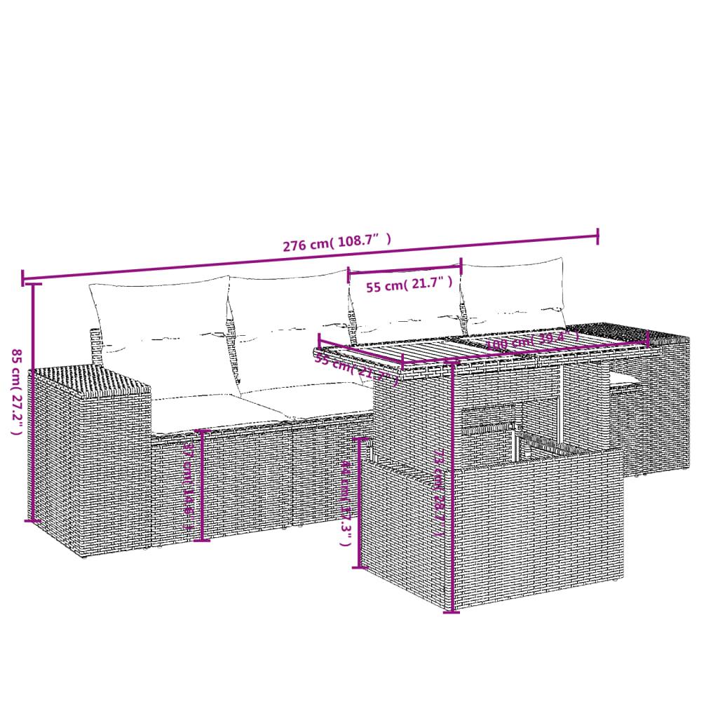 5 pcs conjunto de sofás p/ jardim com almofadões vime PE bege