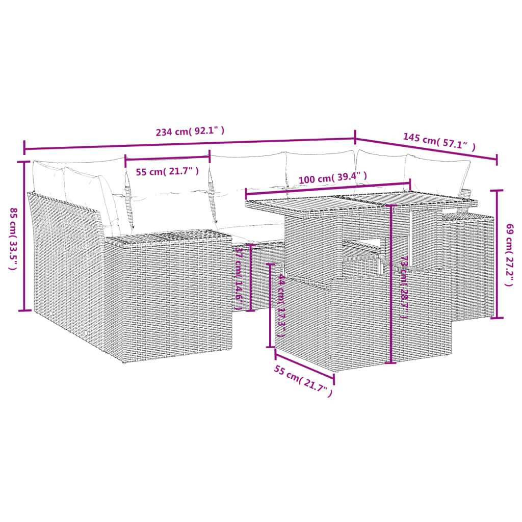 7 pcs conjunto de sofás p/ jardim com almofadões vime PE bege