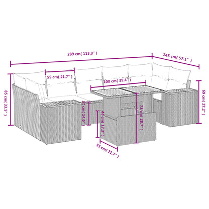 8 pcs conjunto sofás de jardim com almofadões vime PE preto