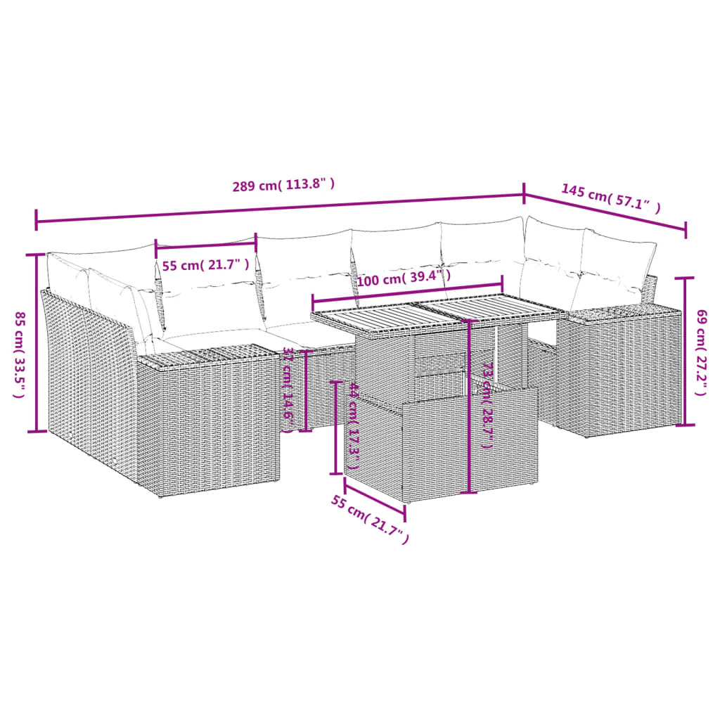 8 pcs conjunto sofás de jardim c/ almofadões vime PE cinzento