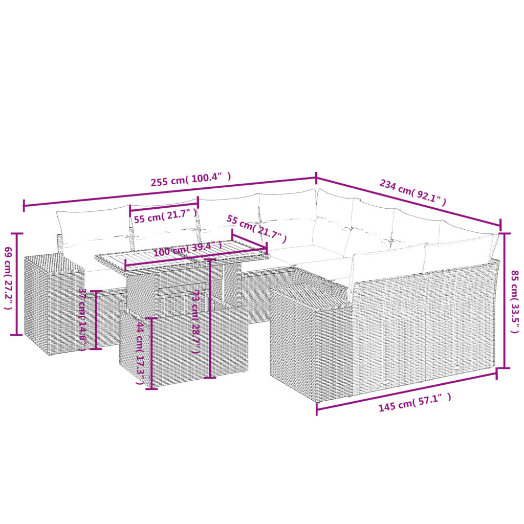 9 pcs conjunto de sofás p/ jardim com almofadões vime PE bege