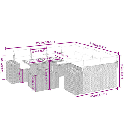 9 pcs conjunto de sofás p/ jardim com almofadões vime PE bege