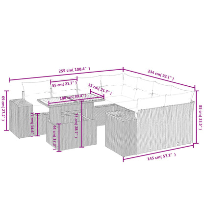 9 pcs conjunto sofás p/ jardim com almofadões vime PE cinzento