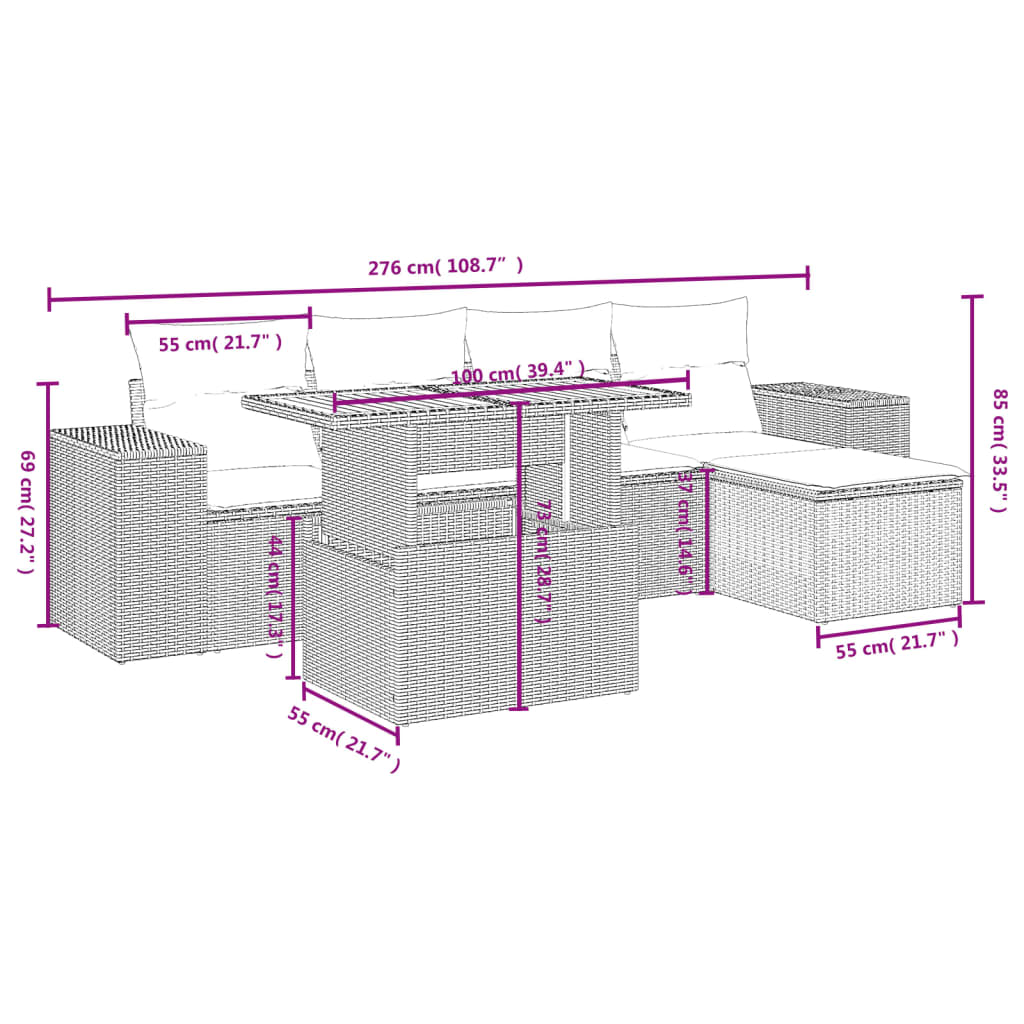 6 pcs conjunto de sofás p/ jardim com almofadões vime PE bege