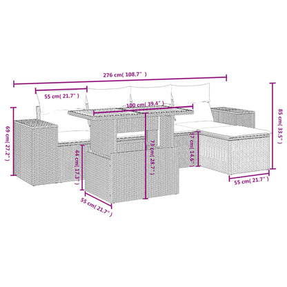 6 pcs conjunto de sofás p/ jardim com almofadões vime PE bege