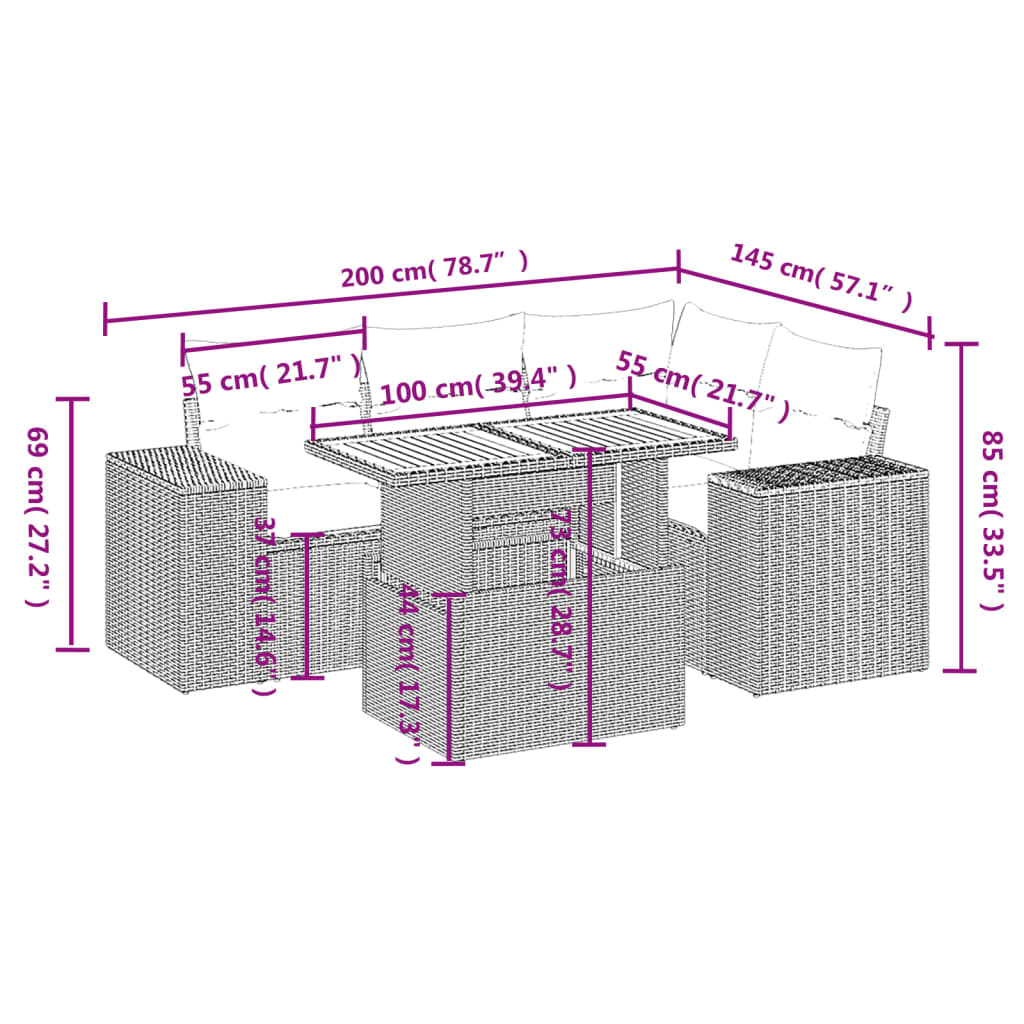 5 pcs conjunto sofás de jardim com almofadões vime PE preto