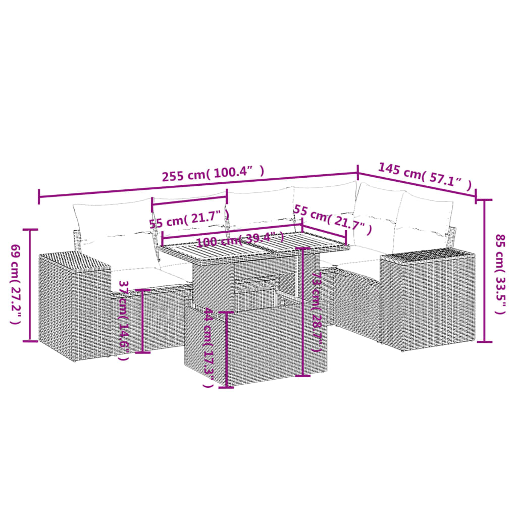 6 pcs conjunto sofás de jardim c/ almofadões vime PE preto