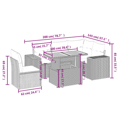 6 pcs conjunto sofás de jardim c/ almofadões vime PE preto