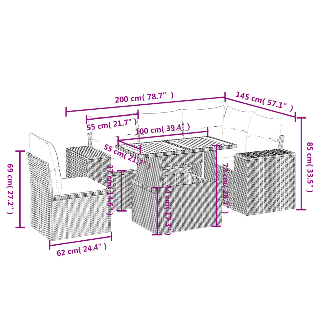 6 pcs conjunto sofás de jardim com almofadões vime cinzento