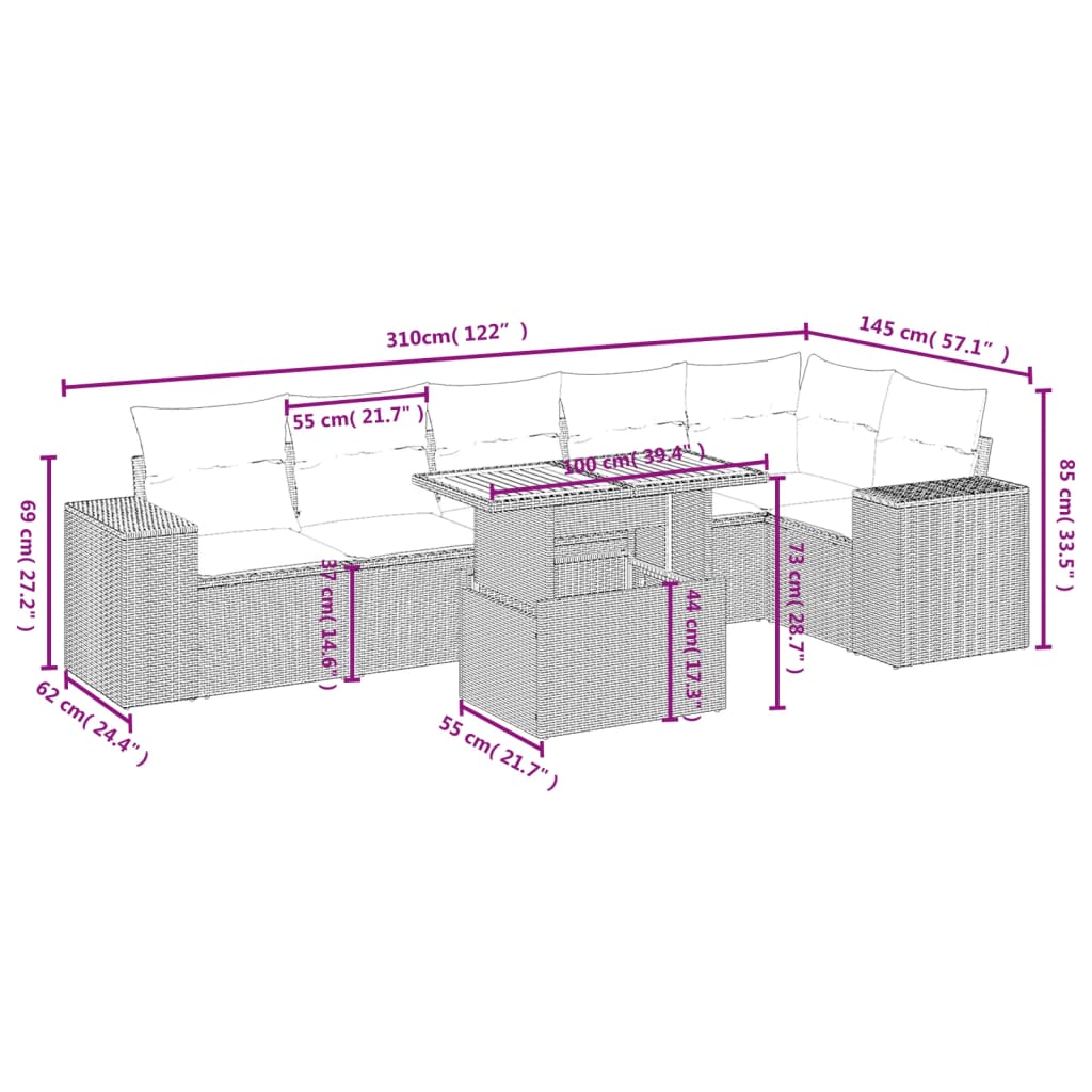 7 pcs conjunto de sofás p/ jardim com almofadões vime PE bege