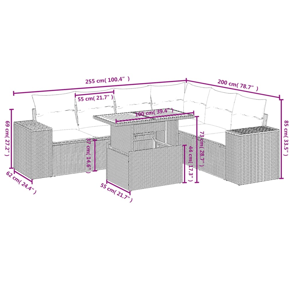 7 pcs conjunto de sofás p/ jardim c/ almofadões vime PE preto