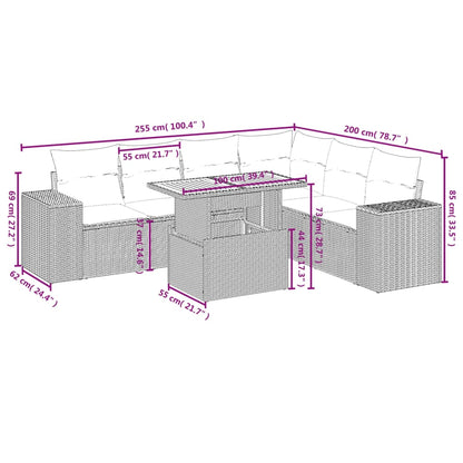 7 pcs conjunto de sofás p/ jardim c/ almofadões vime PE preto