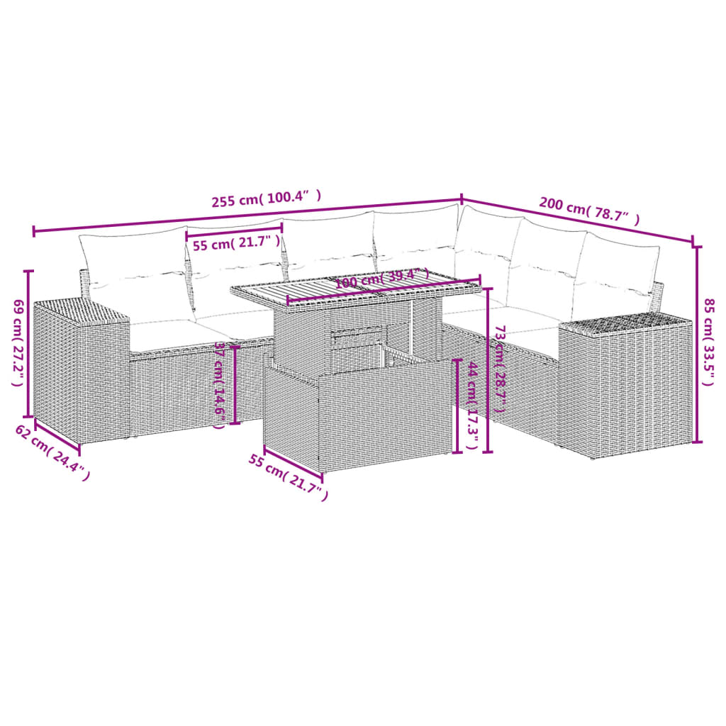 7 pcs conjunto de sofás p/ jardim com almofadões vime PE bege