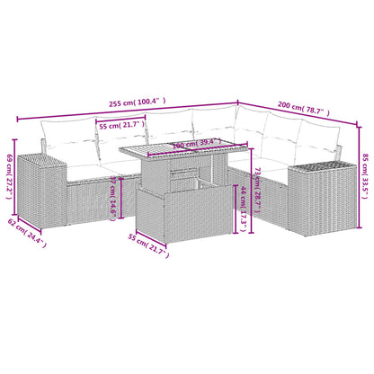 7 pcs conjunto de sofás p/ jardim com almofadões vime PE bege