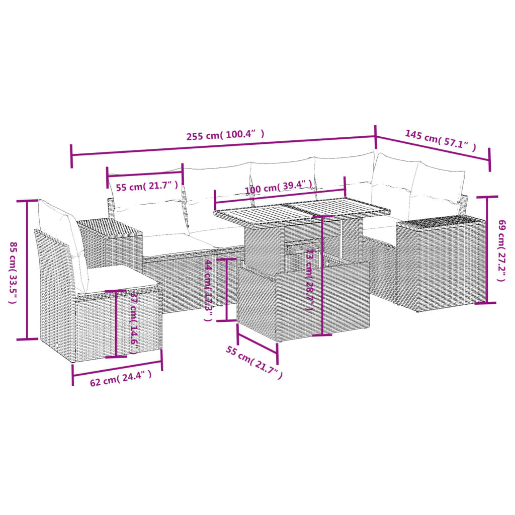 7 pcs conjunto de sofás p/ jardim c/ almofadões vime PE preto