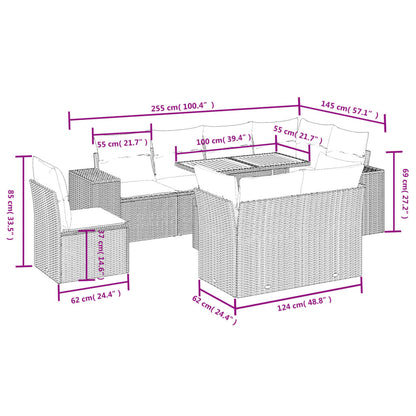 9 pcs conjunto de sofás p/ jardim c/ almofadões vime PE preto