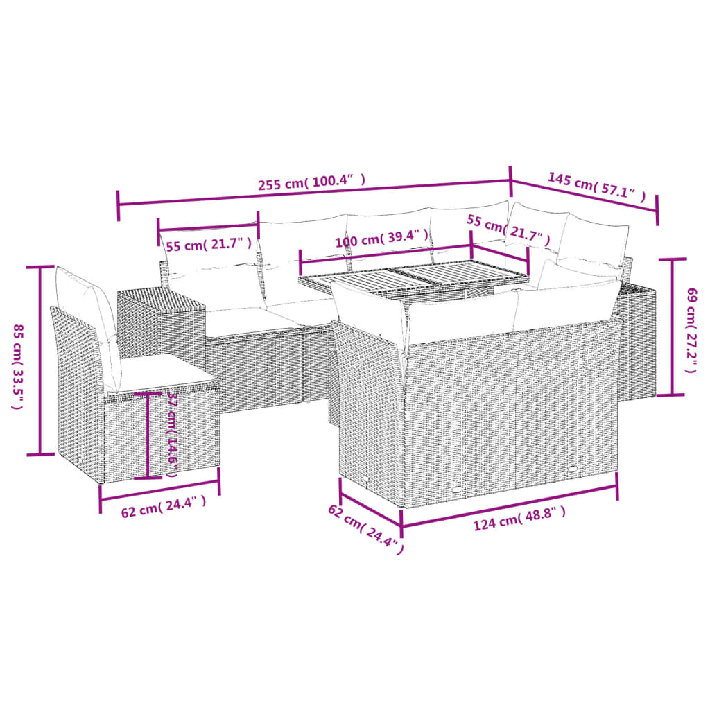 9 pcs conjunto de sofás p/ jardim com almofadões vime PE bege