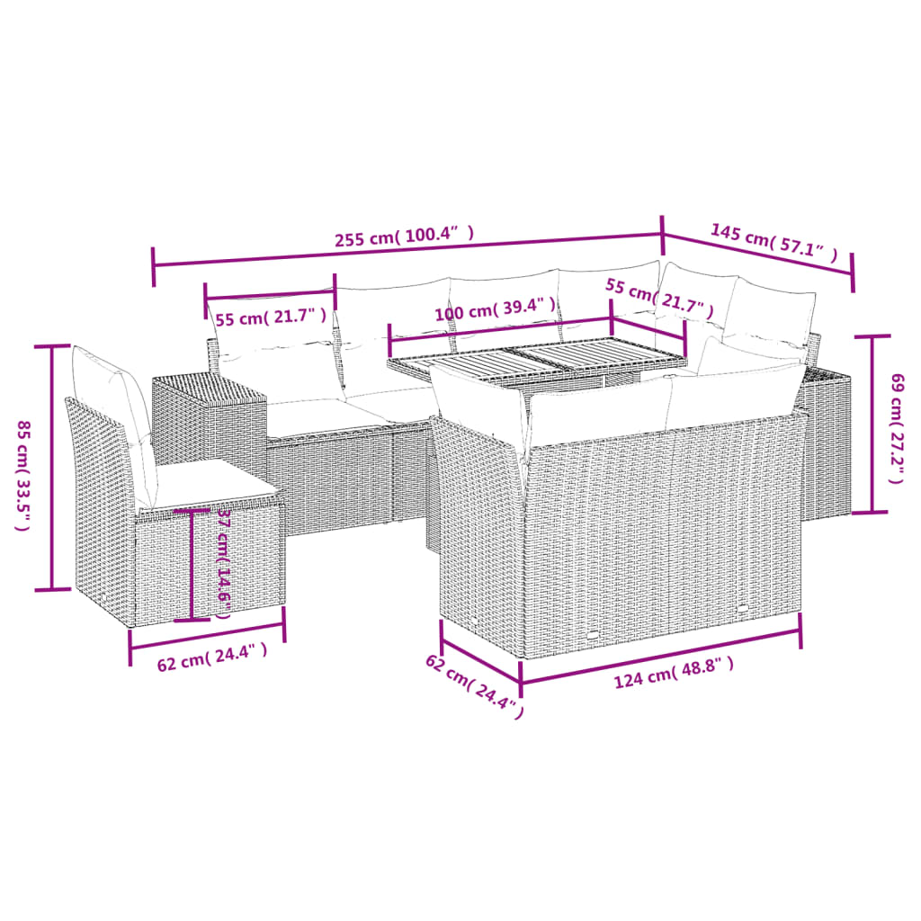 9 pcs conjunto de sofás p/ jardim com almofadões vime PE bege