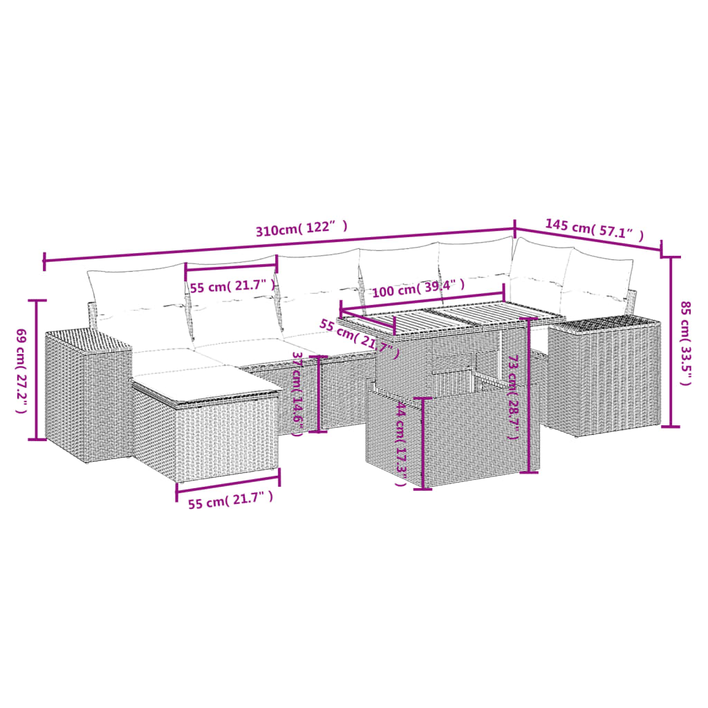 8 pcs conjunto sofás de jardim com almofadões vime PE preto